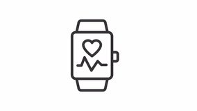 Animated watch linear icon. Smart device. Monitoring heart rate. Fitness gadget. Seamless loop HD video with alpha channel on transparent background. Outline motion graphic animation