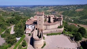 The medieval village of Vigoleno aerial drone video. View of castle and small charming village. Emilia Romagna, Italy travel and landmarks
