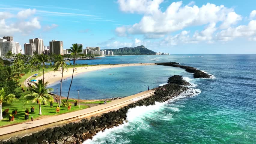 Aerial view Waikiki beach Hawaii, Drone Honolulu city skyline. Famous American vacation tourism destination in Oahu island, USA. Royalty-Free Stock Footage #1100228115