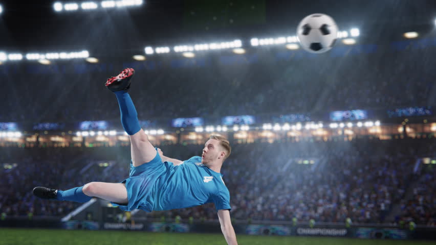 Aesthetic Shot Of Athletic Soccer Football Blue Team Player Doing Beautiful Overhead Kick On Stadium With Crowd Cheering. International Championship Match on Arena Full Of Fans. Super Slow Motion. | Shutterstock HD Video #1100228991