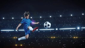 Aesthetic Shot Of Athletic Child Soccer Football Player Jumping And Kicking Ball Mid-Air On Black Background Under Spotlight. Super Slow Motion Captures A Boy Scoring Beautiful Winning Goal. - Powered by Shutterstock - Get 15% off with code: PIKWIZARD15