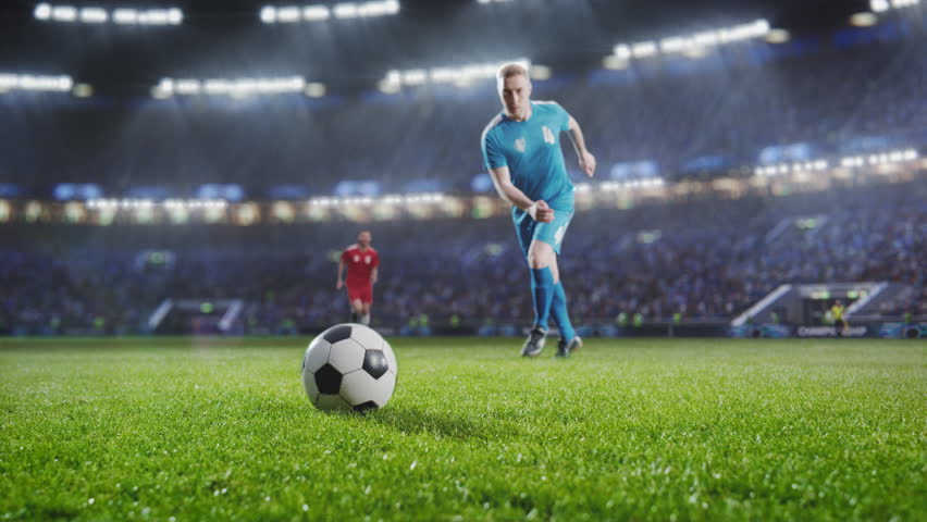 Aesthetic Shot Of Athletic Caucasian Footballer Shooting A Penalty Kick On Stadium With Crowd Cheering. International Soccer Championship Final Match With Fans On Tribune. Super Slow Motion. Royalty-Free Stock Footage #1100229001