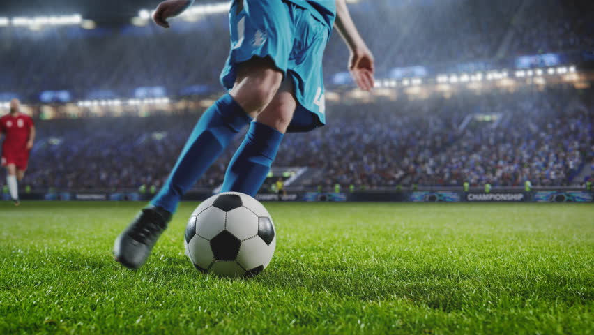 Aesthetic Shot Of Athletic Caucasian Footballer Shooting A Penalty Kick On Stadium With Crowd Cheering. International Soccer Championship Final Match With Fans On Tribune. Super Slow Motion. | Shutterstock HD Video #1100229001