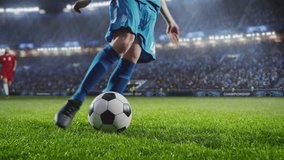 Aesthetic Shot Of Athletic Caucasian Footballer Shooting A Penalty Kick On Stadium With Crowd Cheering. International Soccer Championship Final Match With Fans On Tribune. Super Slow Motion. - Powered by Shutterstock - Get 15% off with code: PIKWIZARD15