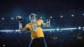 Aesthetic Shot of Athletic American Football Player Throwing a Ball on Black Background Under Spotlight. Professional Caucasian Athlete Captured In Super Slow Motion Plays Pass With Teammates. - Powered by Shutterstock - Get 15% off with code: PIKWIZARD15