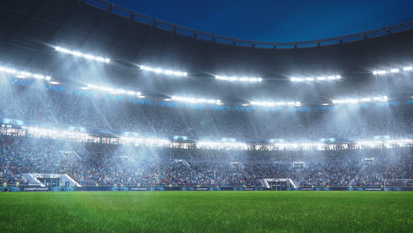 Aesthetic Static Establishing Shot of Empty Soccer Football Stadium With Crowd Of Fans Cheering in Excitement Before the Match. Lights Are Shining on The Sports Arena Grass Field. | Shutterstock HD Video #1100229017