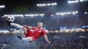 Aesthetic Shot Of Athletic Soccer Football Player Doing Beautiful Overhead Kick On Stadium With Crowd Cheering. International Championship Final Match on Arena Full Of Fans. Super Slow Motion. - Powered by Shutterstock - Get 15% off with code: PIKWIZARD15