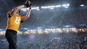 Aesthetic Shot of American Football Player Catching A Ball Mid-Air on Big Stadium With Crowd Cheering. International Championship Match on Arena Full of Fans. Super Slow Motion Captures Succesful Pass - Powered by Shutterstock - Get 15% off with code: PIKWIZARD15
