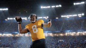 Aesthetic Shot of American Football Player Throwing a Ball on Big Stadium With Crowd Cheering. International Championship Match on Arena Full Of Loyal Fans. Super Slow Motion Captures Successful Pass. - Powered by Shutterstock - Get 15% off with code: PIKWIZARD15