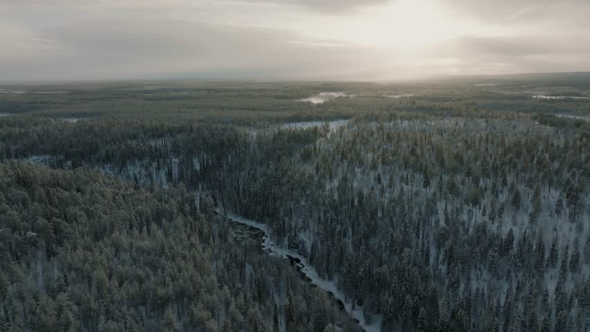 Shot of Oulanka National Park in the heart of Finnish Lapland winter. The river with the Myllykoski rapids and the famous watermill. Sunset in the rocky gorges. River rapids with frozen trees.