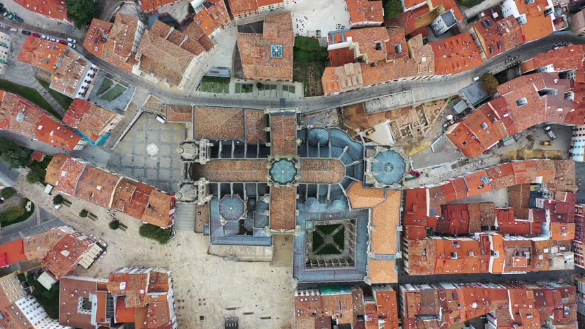 Aerial view of Burgos cathedral in old town along Arlanzon river, Spain.