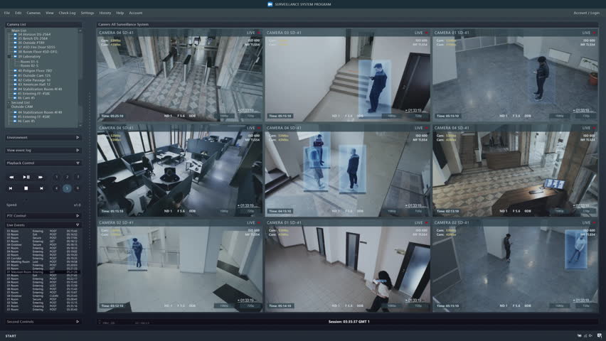 Playback CCTV cameras in office on computer screen. Surveillance interface with AI futuristic program and people recognition system. Security cameras. Concept of privacy, identification and tracking. | Shutterstock HD Video #1100232403