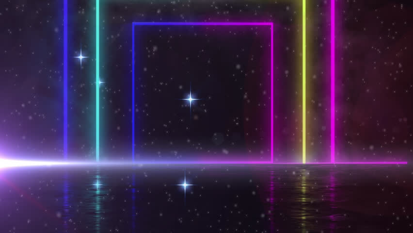Animation of colorful squares over light trails and stars on black background. Light, pattern and movement concept digitally generated video.