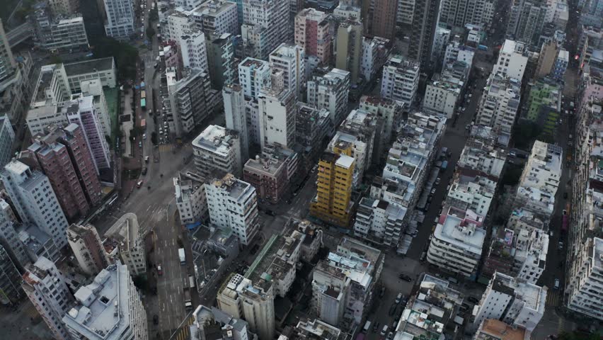 Aerial view of colourful Man Fung building in Hong Kong, Kowloon, China.