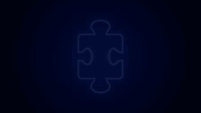 Glowing neon line Puzzle pieces toy icon isolated on black background. 4K Video motion graphic animation.
