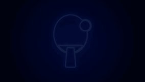 Glowing neon line Racket for playing table tennis icon isolated on black background. 4K Video motion graphic animation.