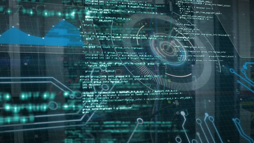 Animation of scope with computer circuit board and data processing. Global networks, computing and data processing concept digitally generated video.
