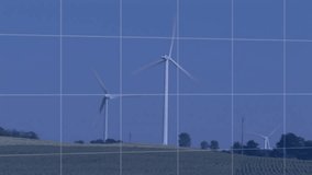 Animation of financial data processing over wind turbines. Global environment, sustainability, wind energy, business, finances, computing and data processing concept digitally generated video. - Powered by Shutterstock - Get 15% off with code: PIKWIZARD15