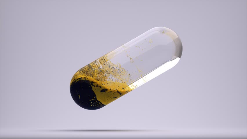 3d render of abstract art video animation with surreal rotating glass capsule or pill with mixing liquid substances inside based on small balls particles in yellow gold color and dark blue gray back