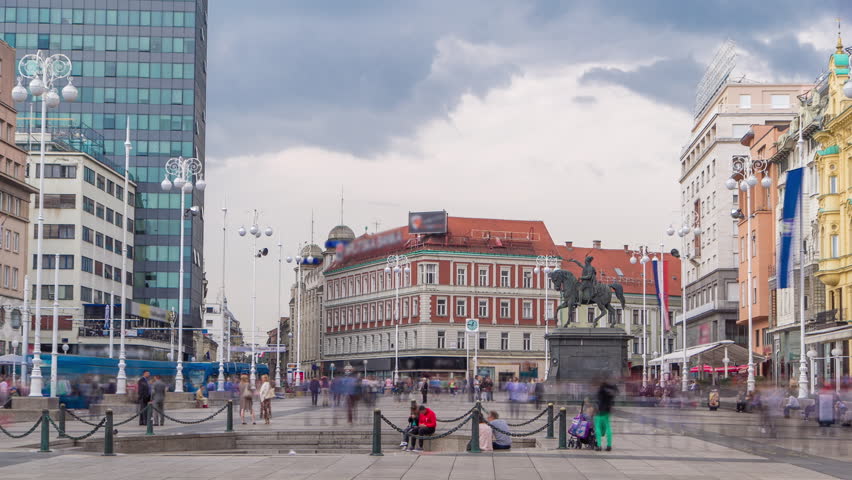 Central city square (Trg bana Jelacica) timelapse and Ban Jelacic monument in Zagreb, Croatia. Panoramic view to the oldest standing building here