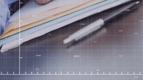 Animation of red line graph declining with changing numbers on grid pattern over folders and pen. Digital composite, multiple exposure, loss, bankrupt, data, falling, finance and business concept. - Powered by Shutterstock - Get 15% off with code: PIKWIZARD15