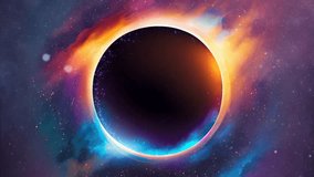 Mesmerizing animated video seamless 4K loop of a vast, empty black hole surrounded by swirling galaxies and a circular epic wormhole at its center, stunning and awe-inspiring promo ad music visualizer
