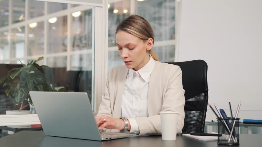 Overtired Female Corporate Office Worker Feels Stress, Frustration Works on Desktop Computer, Deadline. Accountant Feeling Project Pressure, Massages Her Head, Works with Statistics, Has Bad Day.  | Shutterstock HD Video #1100252595