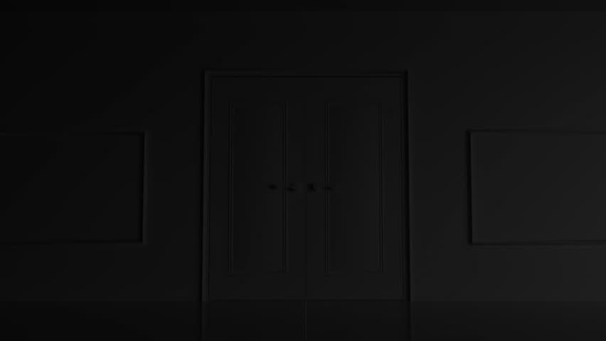 Doors open in a dark room and a bright shining light shines behind them, the camera moves into the doorway, minimalistic design, 3d render Royalty-Free Stock Footage #1100252721