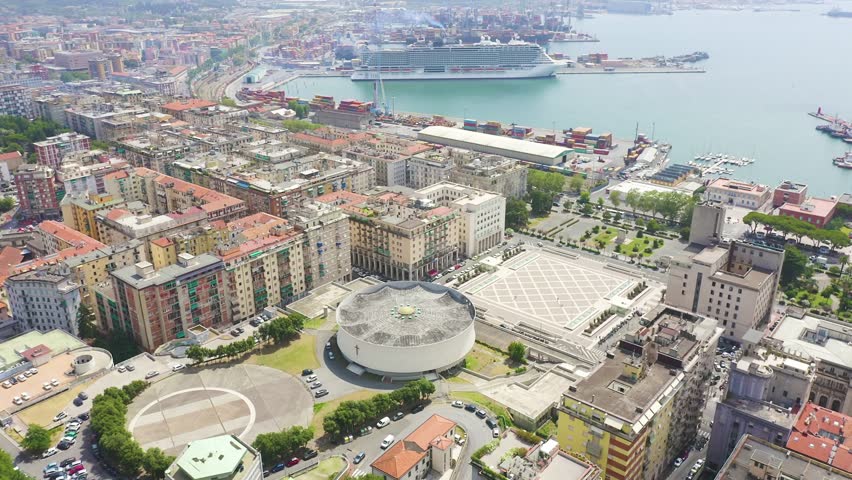 Inscription on video. La Spezia, Italy. Cathedral of Christ the King. City view. Name is burning, Aerial View, Point of interest