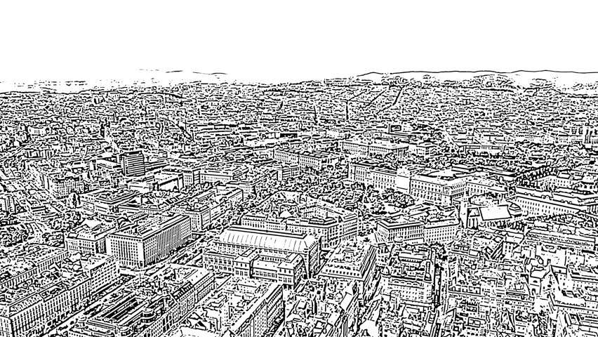 Sketch doodle style. Vienna, Austria. General panorama of the historical part of the city, Aerial View, Departure of the camera