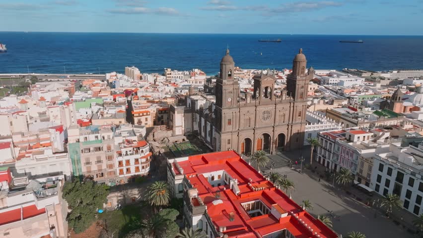 Landscape with Cathedral Santa Ana Vegueta in Las Palmas, Gran Canaria, Canary Islands, Spain. Aerial sunset view of the Las Palmas city.
