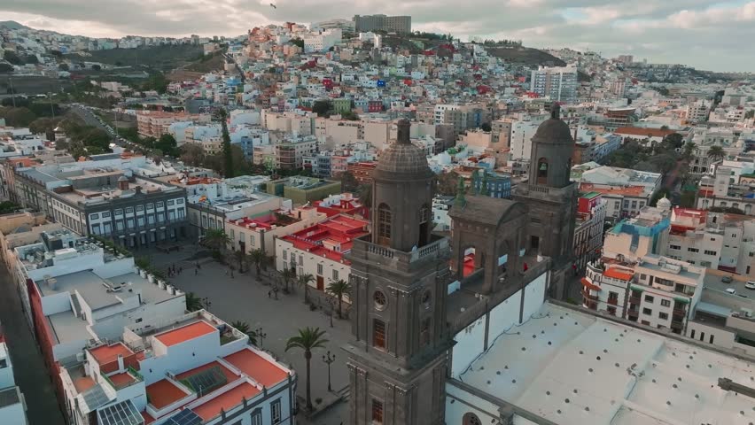 Landscape with Cathedral Santa Ana Vegueta in Las Palmas, Gran Canaria, Canary Islands, Spain. Aerial sunset view of the Las Palmas city. | Shutterstock HD Video #1100255159