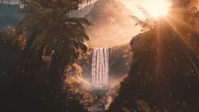  Camera moving through the dense foliage and verdant scenery. As the video progresses, the camera approaches a beautiful mountain waterfall in the distance