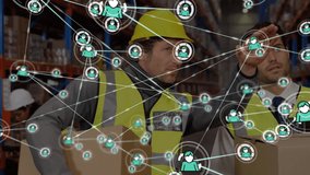 Animation of network of icons over caucasian male worker and supervisor discussing at warehouse. Global networking and transportation business technology concept - Powered by Shutterstock - Get 15% off with code: PIKWIZARD15