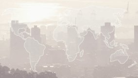 Animation of data processing and heart rate monitor over world map against aerial view of cityscape. Computer interface and business technology concept - Powered by Shutterstock - Get 15% off with code: PIKWIZARD15