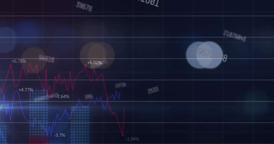 Animation of changing numbers over statistical data processing against colorful spots of light. Business data technology concept