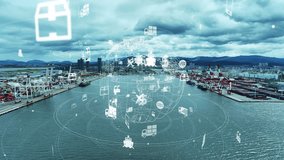 Port container yard aerial view and communication network concept. Logistics tech. - Powered by Shutterstock - Get 15% off with code: PIKWIZARD15