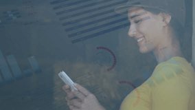 Animation of statistical data processing against caucasian female architect using smartphone. Engineering and business data technology concept - Powered by Shutterstock - Get 15% off with code: PIKWIZARD15