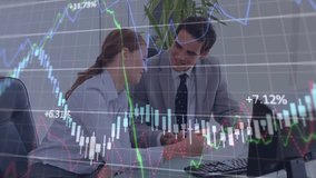 Animation of financial data processing over caucasian businessman and businessman discussing. Global finance and business technology concept - Powered by Shutterstock - Get 15% off with code: PIKWIZARD15