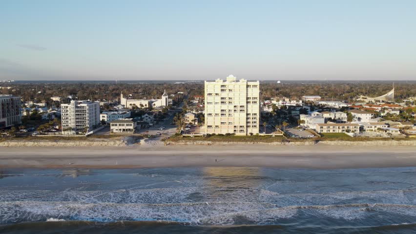 Drone shot of the Jacksonville Beach in a beautiful, sunny winter day.
