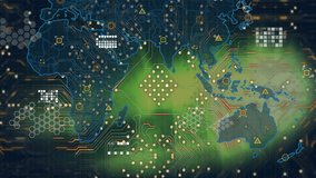 Animation of map over hexagon, squares pattern against circuit board pattern on abstract background. Digitally generated, hologram, global, illustration, illuminated, motherboard and technology. - Powered by Shutterstock - Get 15% off with code: PIKWIZARD15