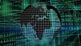 Animation of grid patterned globe over computer language and binary codes on black background. Digitally generated, hologram, globalization, coding, machine learning and technology concept. - Powered by Shutterstock - Get 15% off with code: PIKWIZARD15