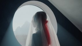 Portrait of a personality with character traits. Rear view A woman in a black dress with a red bandage over her eyes and a transparent cloth on her head. Visualization of psychological problems. - Powered by Shutterstock - Get 15% off with code: PIKWIZARD15