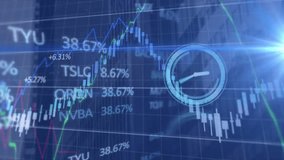 Animation of neon ticking clock. Stock market data processing and light spot against tall building. Global economy and business technology concept - Powered by Shutterstock - Get 15% off with code: PIKWIZARD15