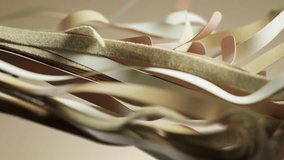 3D render motion animation yellow beige gentle soft silk ribbons waving business presentation background. Fashion material wavy backdrop. Cut torn leather velour tape ribbon cloth satin color fabric - Powered by Shutterstock - Get 15% off with code: PIKWIZARD15