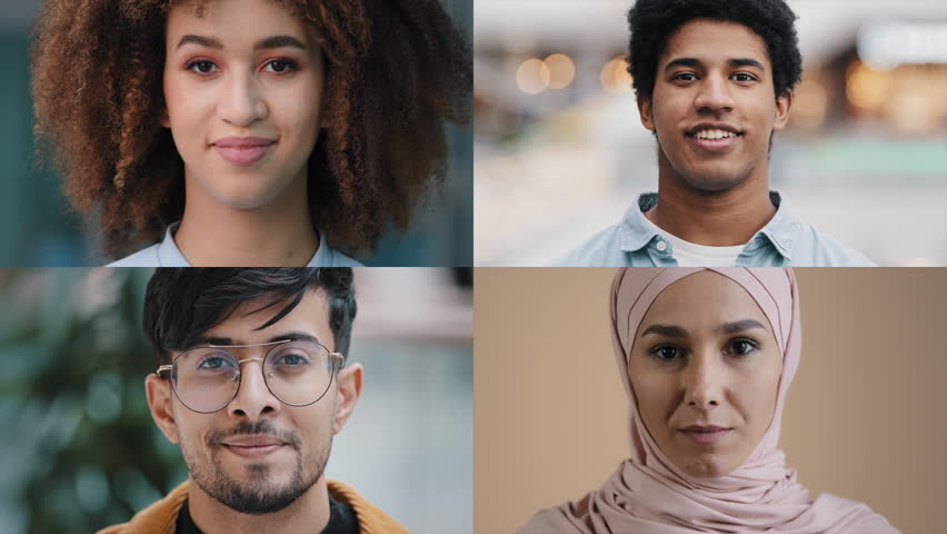 Split screen collage portrait multiracial young happy people diverse men women girls guys group multiethnic businesspeople students colleagues friends satisfied clients pose close-up look camera smile Royalty-Free Stock Footage #1100270885