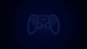 Glowing neon line Game controller or joystick for game console icon isolated on black background. 4K Video motion graphic animation.