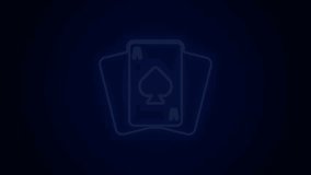 Glowing neon line Playing cards icon isolated on black background. Casino gambling. 4K Video motion graphic animation.