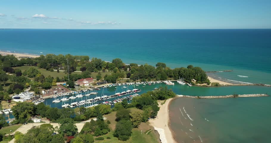 Aerial view of Wilmette Harbor and the Lake Michigan shoreline in Wilmette, Illinois. USA