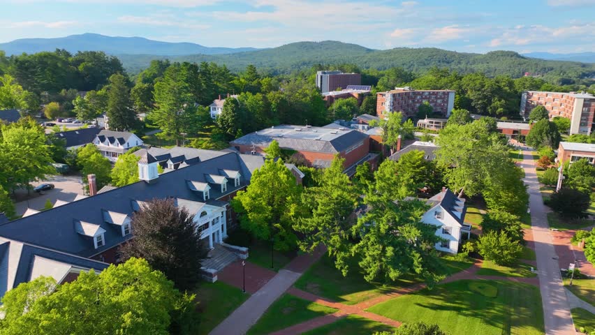 Rounds Hall aerial view in Plymouth State University in summer in historic town center of Plymouth, New Hampshire NH, USA. 